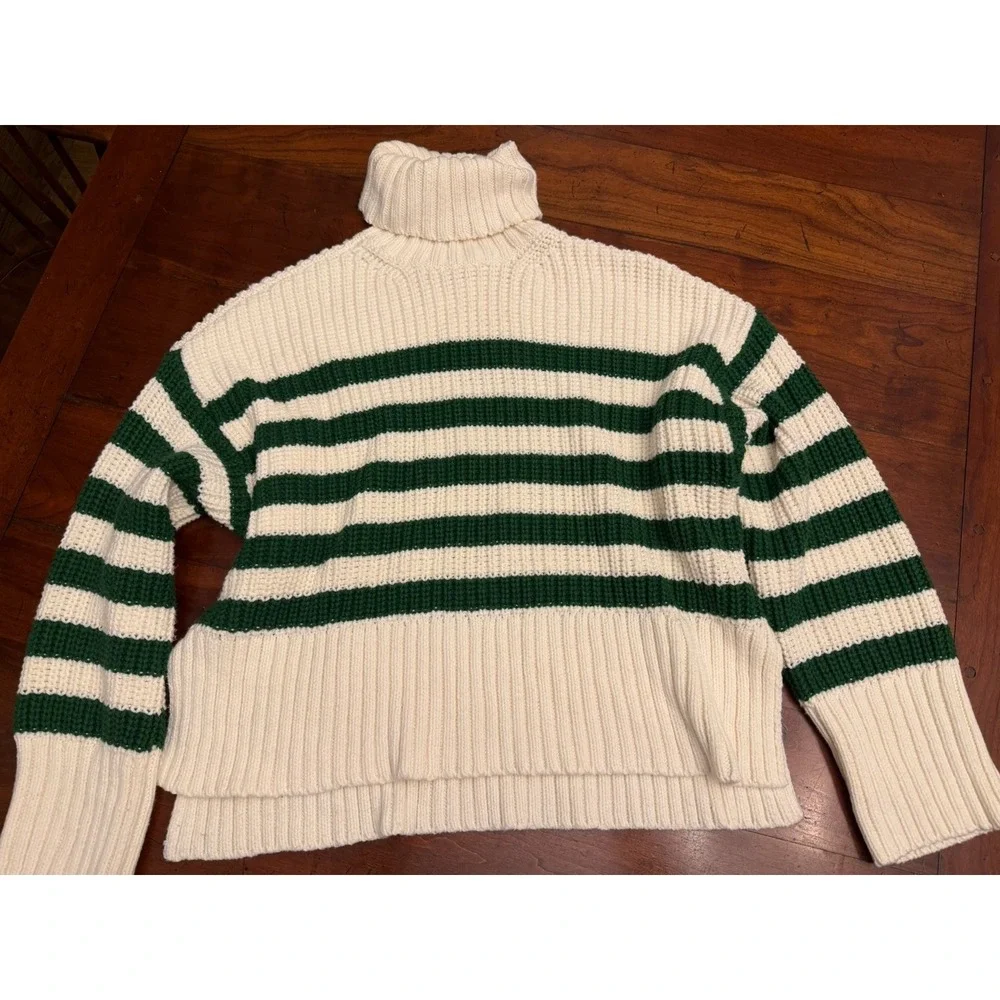 Madewell Wide Rib Turtleneck Sweater‎ Varsity Green Striped Cream Crop XS NO064